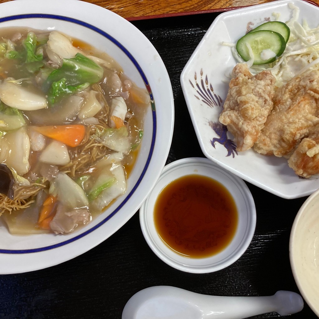 ユーザーが投稿した皿うどん小唐揚セットの写真 - 実際訪問したユーザーが直接撮影して投稿した大谷町中華料理中華飯店大鳳の写真