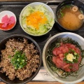 ミニ丼セット(牛網焼き丼+マグロブツ丼) - 実際訪問したユーザーが直接撮影して投稿した緑町丼もの菜の花亭の写真のメニュー情報