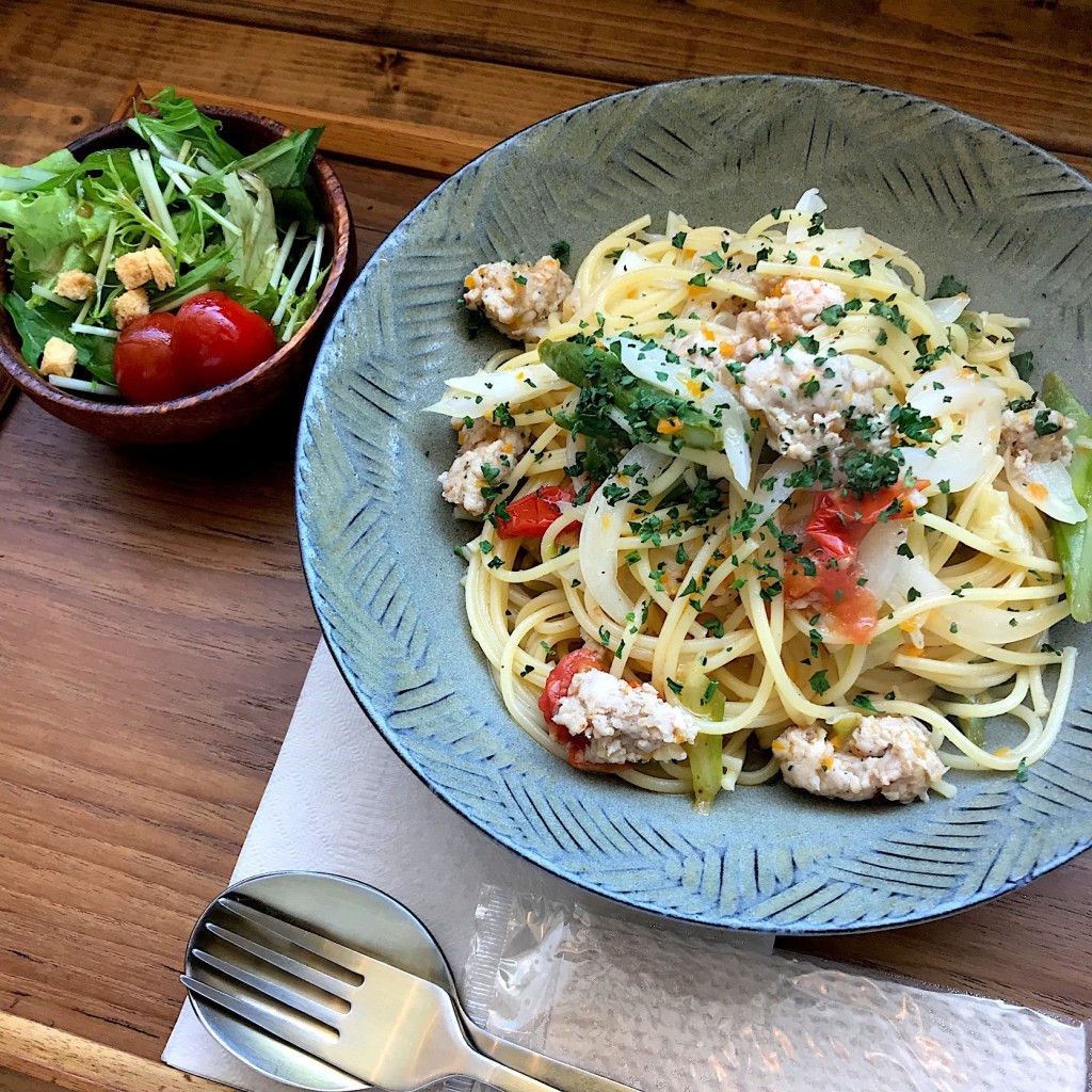 ユーザーが投稿した今月のパスタ(鶏そぼろと春野菜の青じそペペロンチーノ)の写真 - 実際訪問したユーザーが直接撮影して投稿した南四条西カフェ春楡珈琲の写真