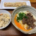 肉釜玉うどんと炊き込みご飯とちくわ天 - 実際訪問したユーザーが直接撮影して投稿した西ノ京小堀池町うどん自家製うどん さんたくの写真のメニュー情報