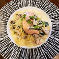 八海山サーモンときのこのクリームスパゲッティ - 実際訪問したユーザーが直接撮影して投稿した猪子場新田洋食レストラン ラ・シードの写真のメニュー情報