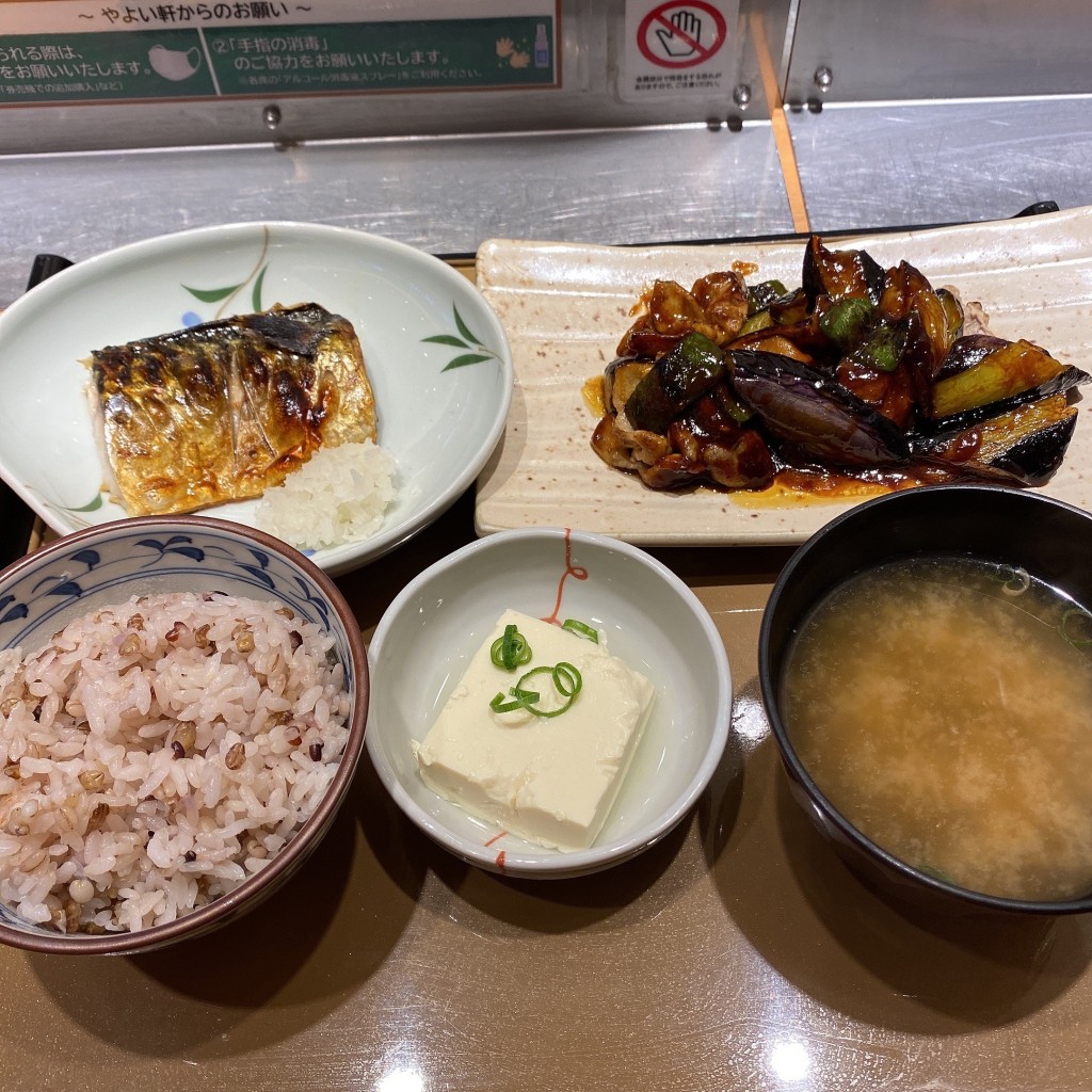 ユーザーが投稿したなす味噌と焼き魚の定食の写真 - 実際訪問したユーザーが直接撮影して投稿した大島定食屋やよい軒 倉敷平田店の写真