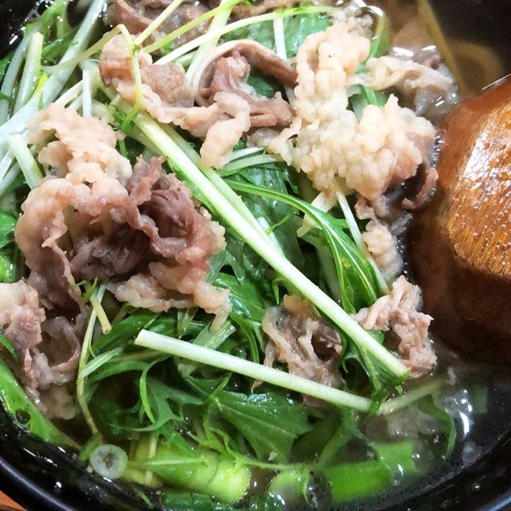 ユーザーが投稿した肉かすうどん水菜トッピングの写真 - 実際訪問したユーザーが直接撮影して投稿した西心斎橋うどん天晴れの写真