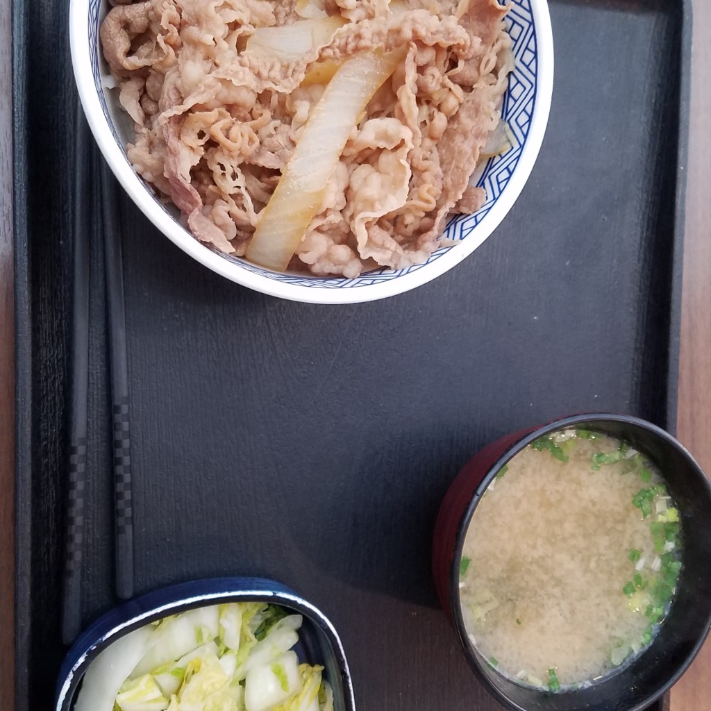 ユーザーが投稿した牛丼 みそ汁お新香セットの写真 - 実際訪問したユーザーが直接撮影して投稿した大谷南牛丼吉野家 海老名サービスエリア店の写真