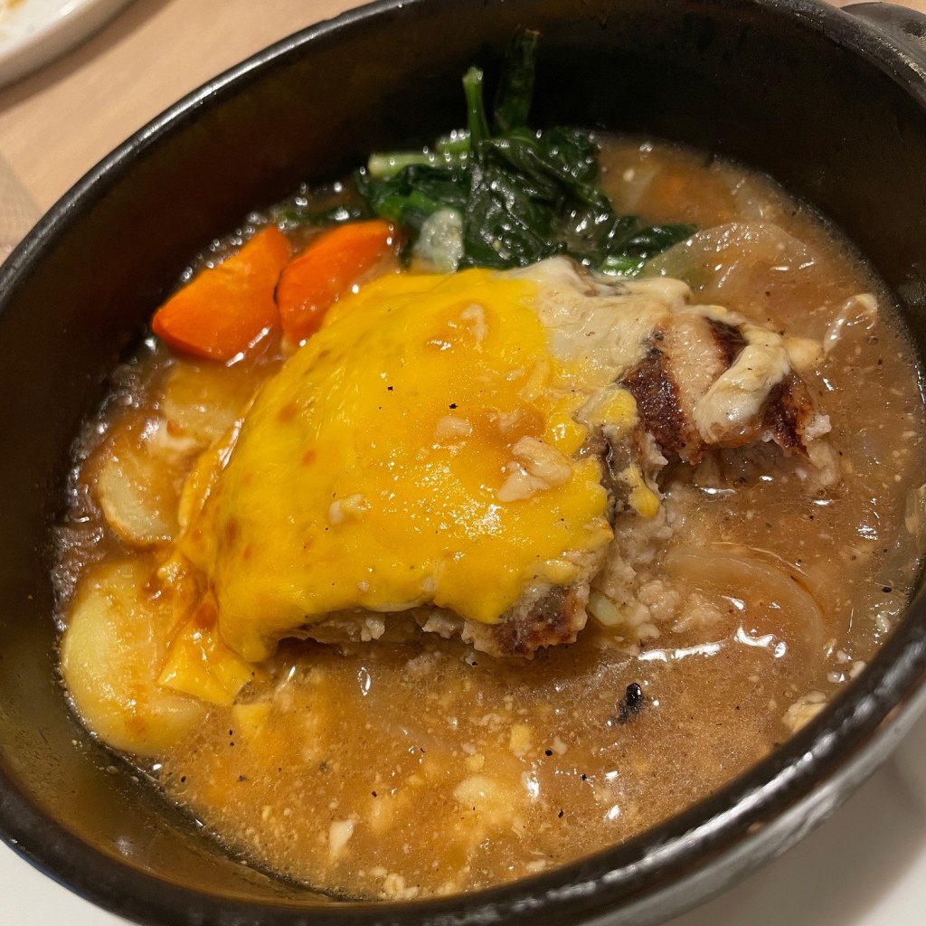 ユーザーが投稿したたまねぎスープのハンバーグの写真 - 実際訪問したユーザーが直接撮影して投稿した西島町ファミリーレストランデニーズ 深谷店の写真