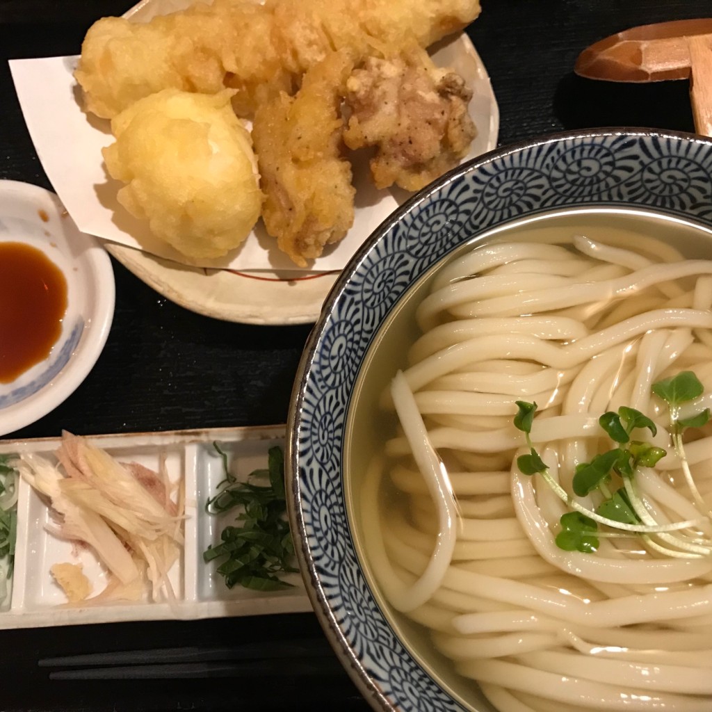 ユーザーが投稿した香味ひやかけうどん+讃岐天の写真 - 実際訪問したユーザーが直接撮影して投稿した高田うどん讃岐うどん 蔵之介の写真