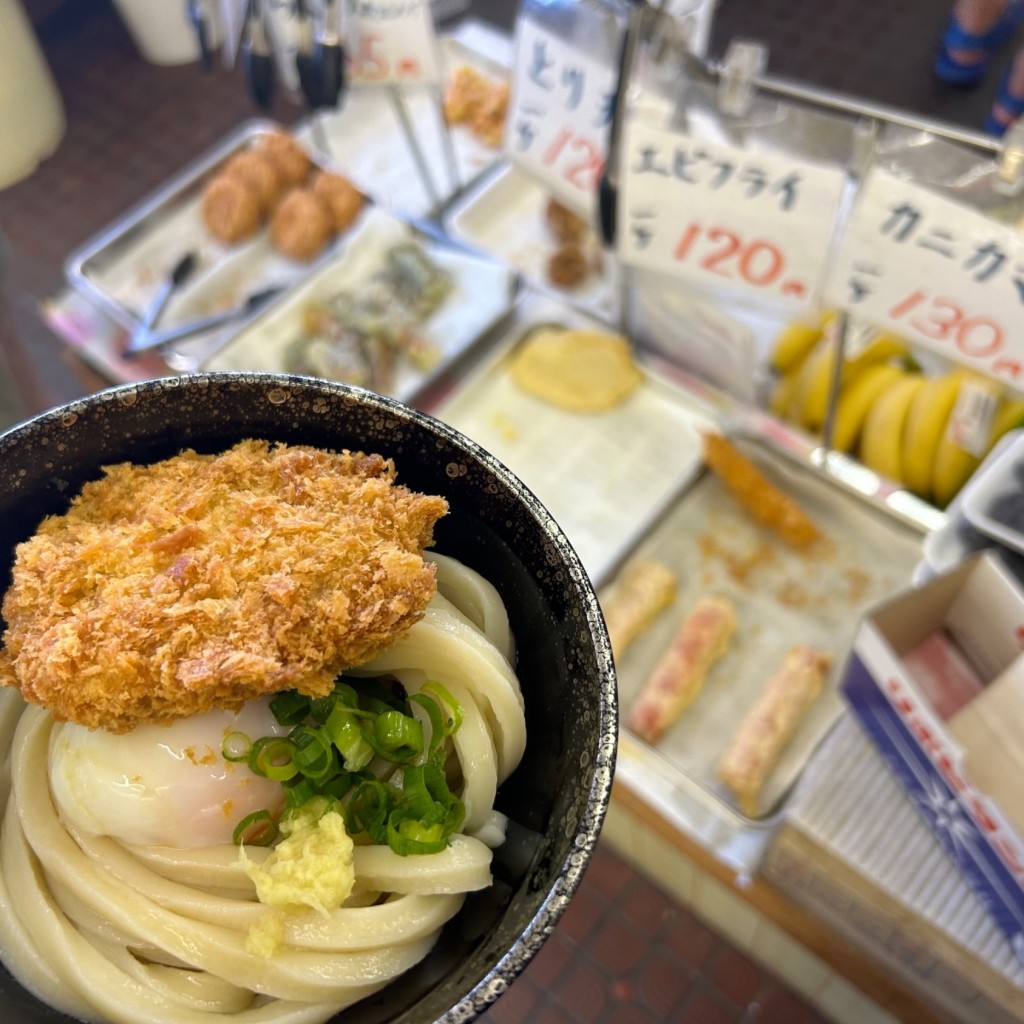 ユーザーが投稿したうどん+温玉の写真 - 実際訪問したユーザーが直接撮影して投稿した高瀬町上麻うどん須崎食料品店の写真