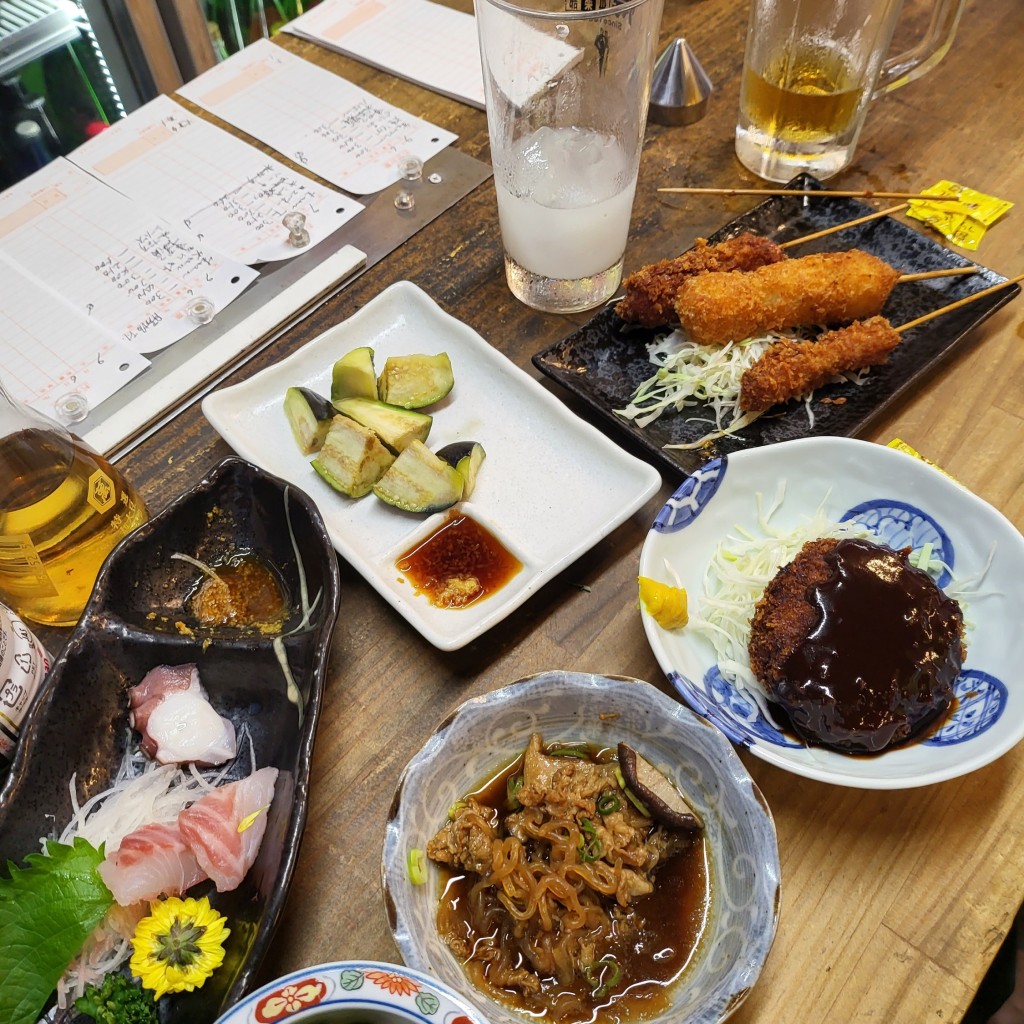 ユーザーが投稿した水茄子串カツ土手焼きミンチカツ生ビールまっこりの写真 - 実際訪問したユーザーが直接撮影して投稿した西ノ京西中合町立ち飲み / 角打ち高木与三右衛門商店の写真